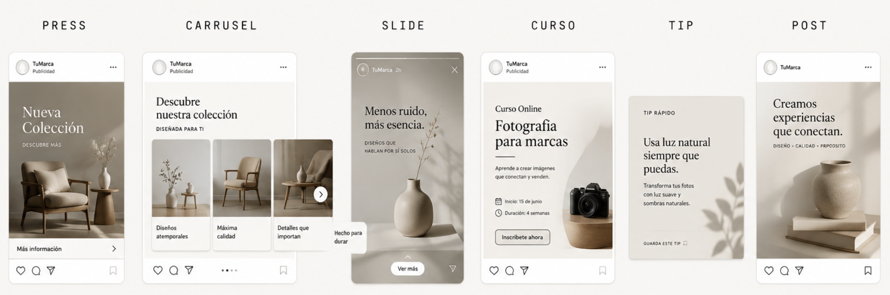 Ejemplos de creatividades: press, carrusel, slide, curso, tip y post